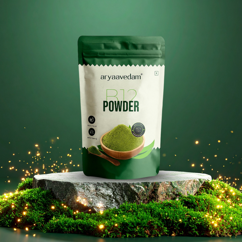Aryaavedam Plant-Based B12 Powder with fresh fruits and vegetables